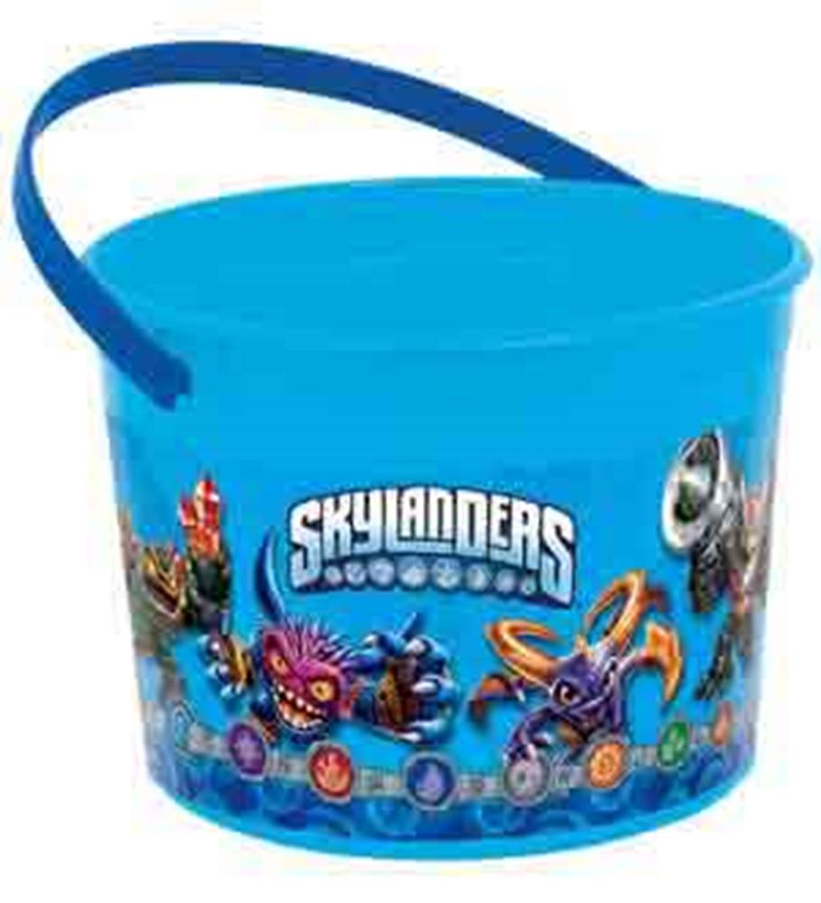 Bright blue plastic bucket with Skylanders characters and logo, featuring a dark blue handle.