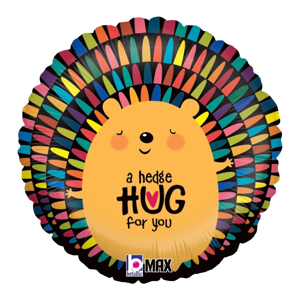 Round foil balloon featuring a smiling yellow hedgehog with colorful quills and the text "a hedge HUG for you".