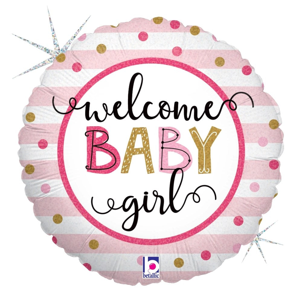 Round foil balloon with pink and white horizontal stripes, gold and pink polka dots, and "Welcome Baby Girl" text in pink,.