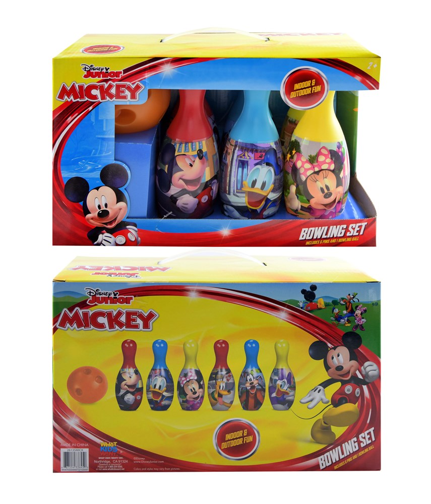 Set of six colorful bowling pins featuring Mickey Mouse designs in a red and yellow display box with bowling ball included.