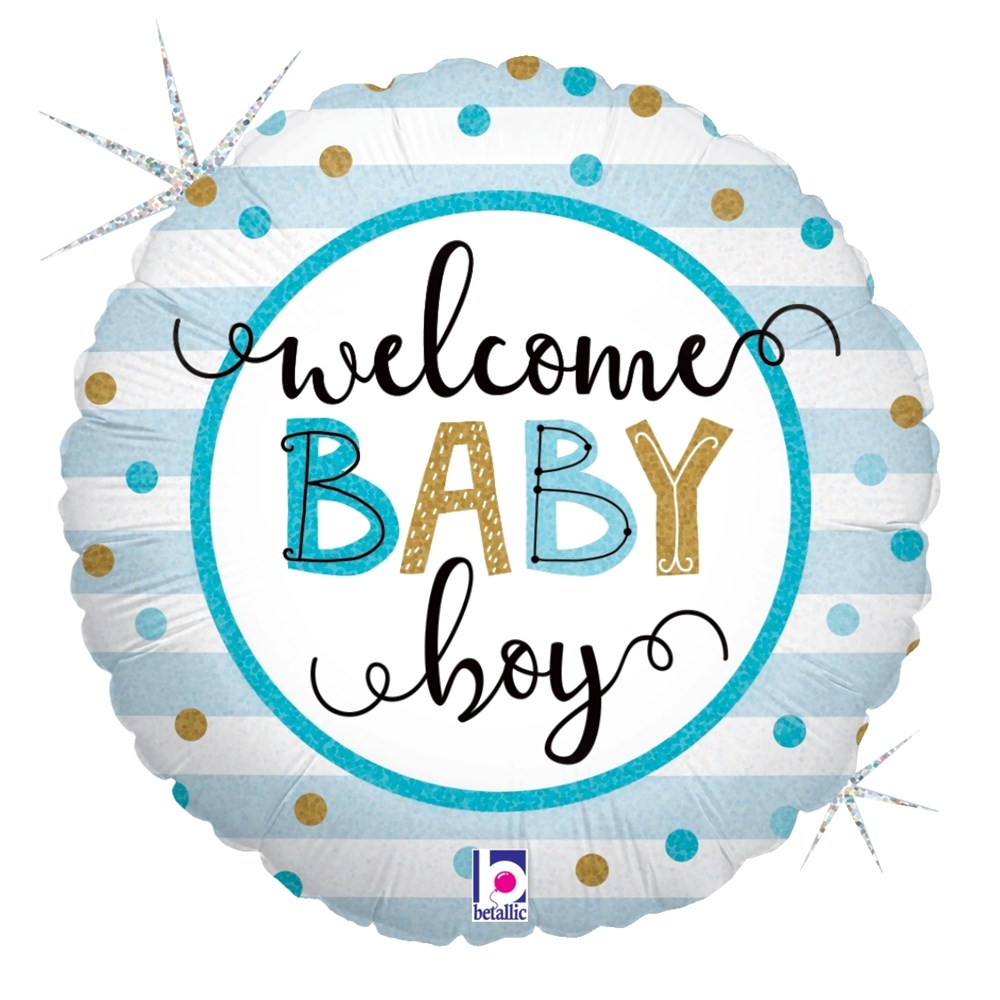 Round foil balloon with light blue and white horizontal stripes, gold and blue polka dots, and "Welcome Baby Boy" text in.