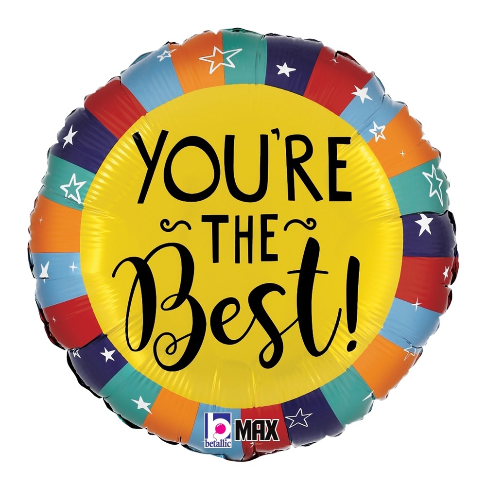 Round foil balloon with a yellow center and multicolored star-patterned border, featuring black text "You're the Best!".