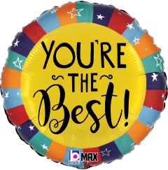 18-inch round foil balloon with multicolor star border and "You're the Best!" text in black on yellow center.