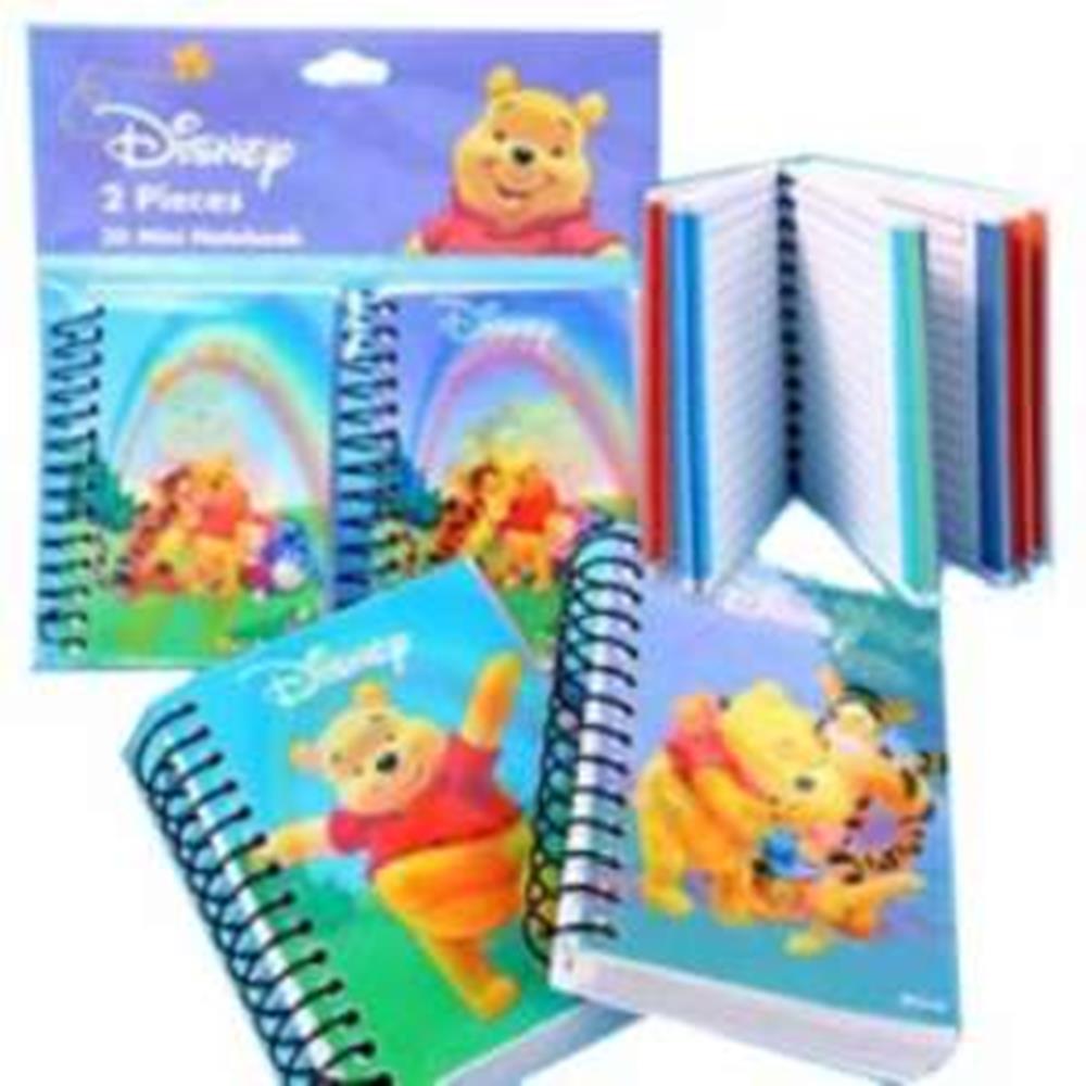 Two spiral-bound Pooh notebooks with colorful covers featuring Winnie the Pooh illustrations and lined pages inside.