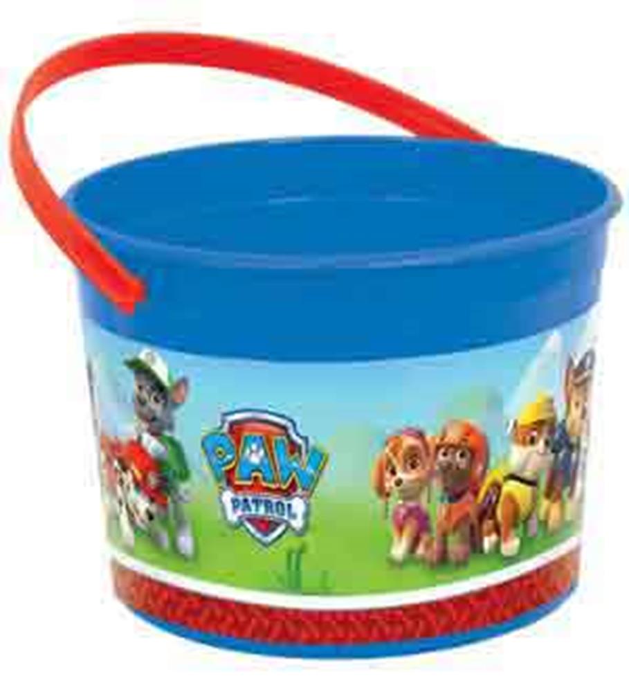 Blue plastic favor container with red handle, featuring Paw Patrol characters and logo around the exterior.
