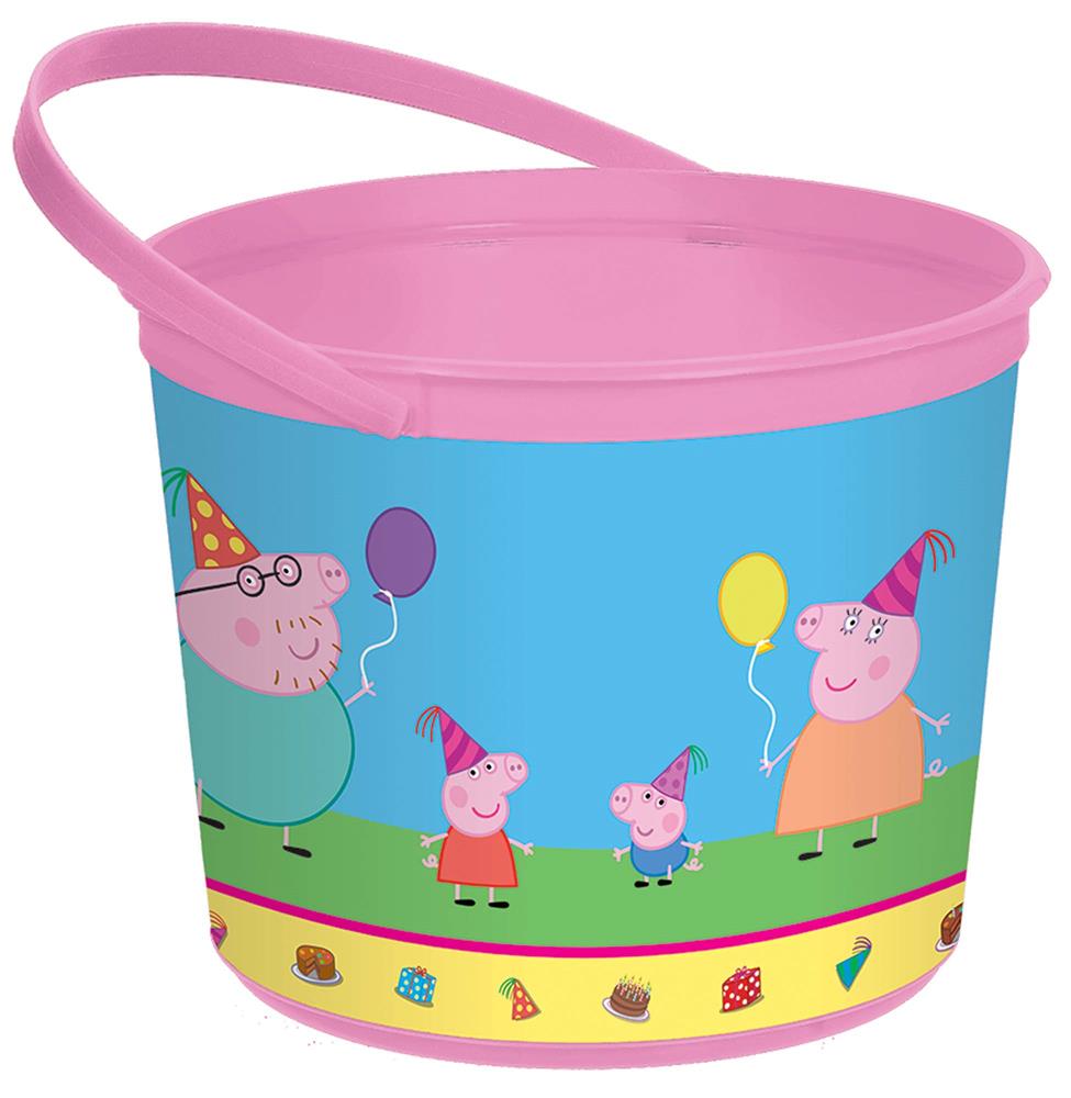 Pink-handled blue plastic bucket with Peppa Pig and family wearing party hats and holding balloons.