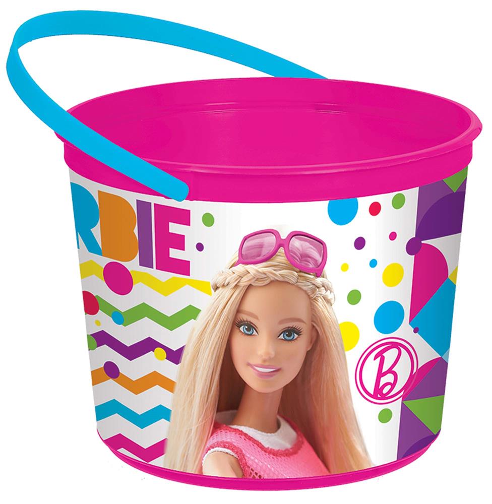 Pink plastic Barbie bucket with colorful polka dots and a large Barbie doll graphic.