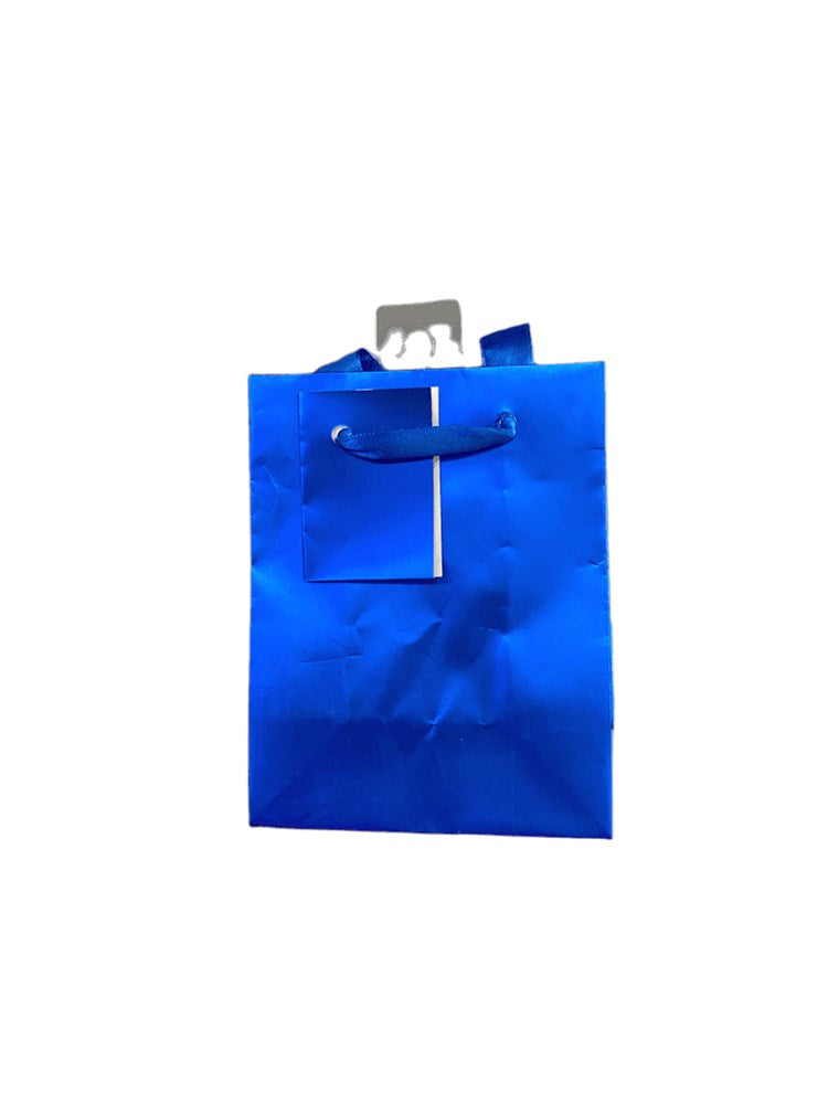 Small metallic blue gift bag with a glossy finish and matching blue cord handles.