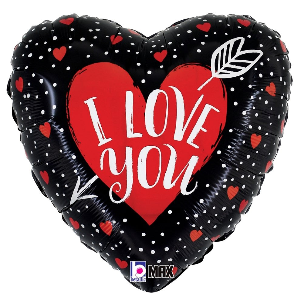 Black heart-shaped foil balloon with red hearts, white dots, and a red heart center reading "I Love You" with arrow designs.