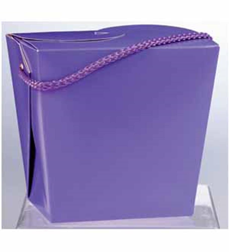 Glossy purple rectangular quart box with braided handle and folded top closure.