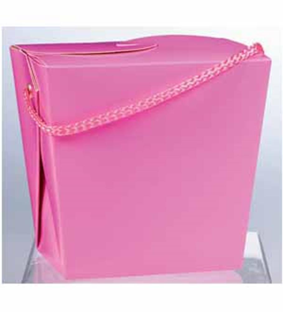 Hot pink glossy rectangular box with foldable sides and braided handle.