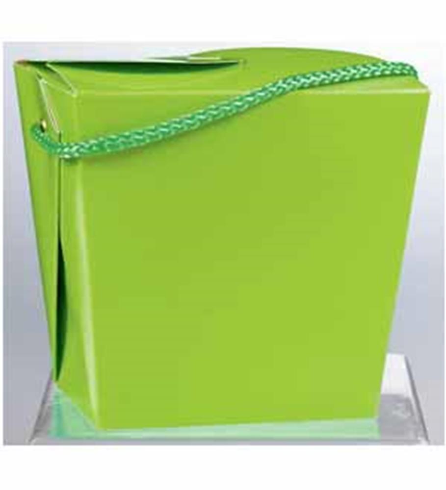 Bright lime green square box with fold-top and blue-green cord handle.