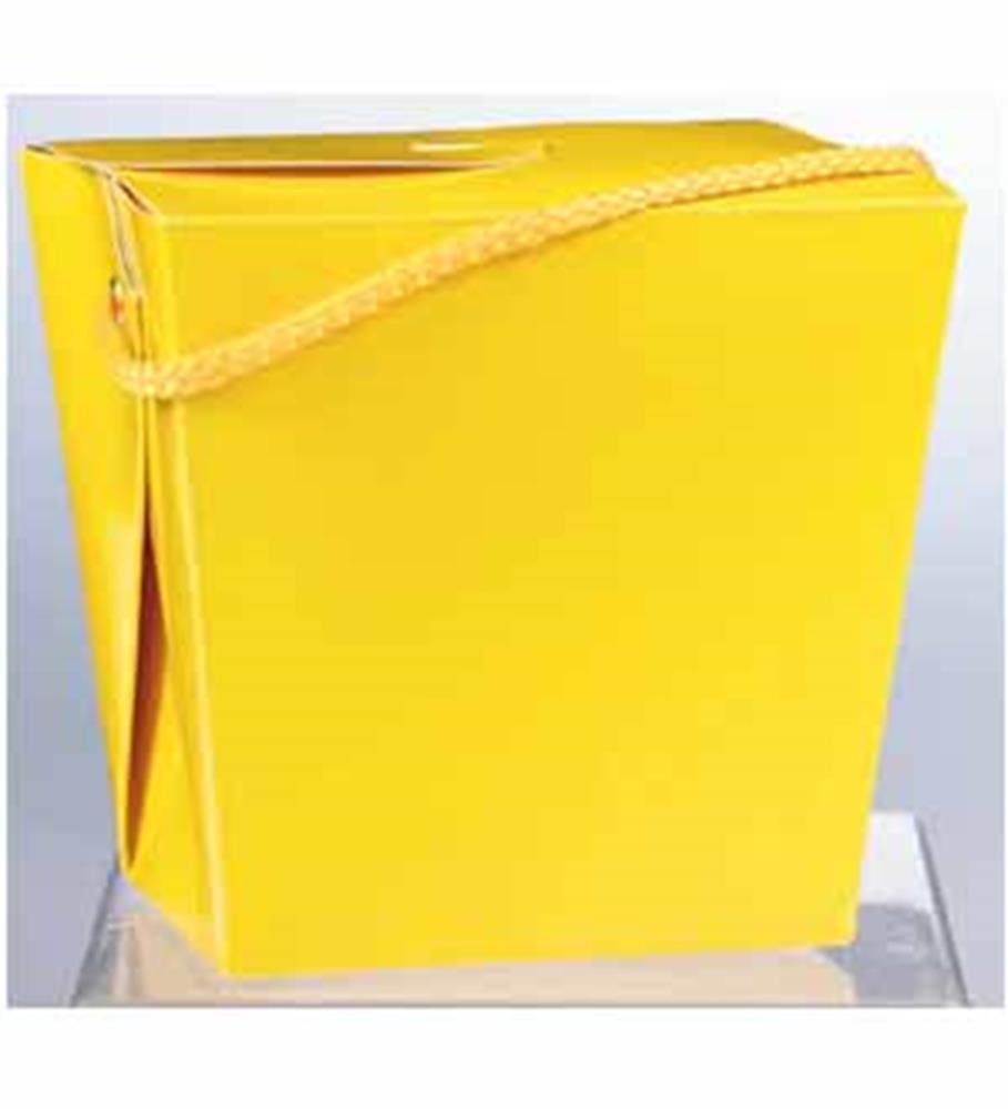 Bright yellow rectangular paper takeout box with folded top and attached braided handle.