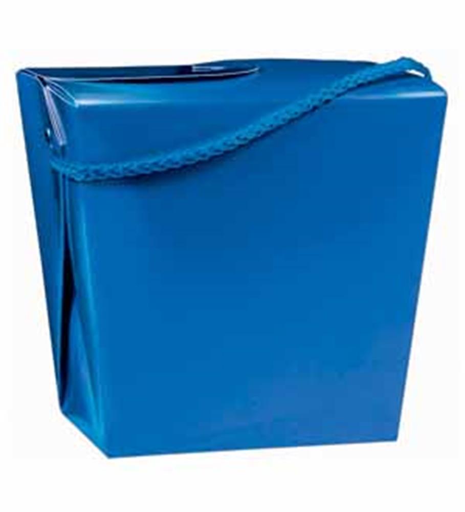 Royal blue glossy quart box with braided handle and folded top closure.