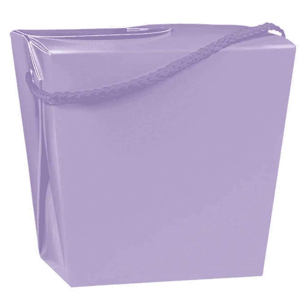 Lavender-colored square plastic quart pail with integrated handle and smooth surface.