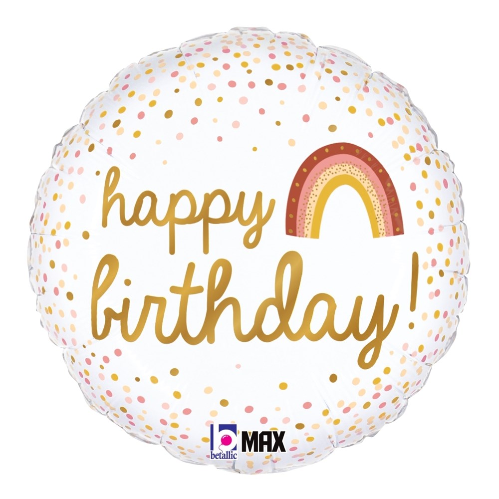 Round white foil balloon with gold polka dots, gold "happy birthday!" text, and a pink and gold rainbow design.