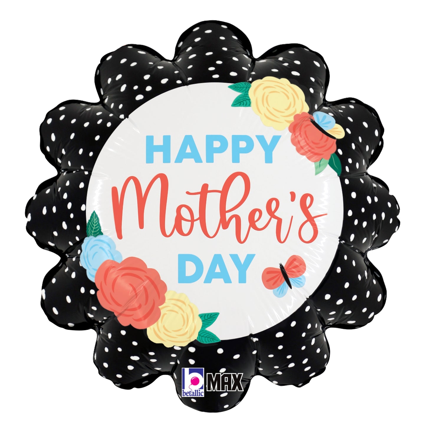 18-inch black flower-shaped balloon with white dots and "Happy Mother's Day" text surrounded by colorful butterfly and.