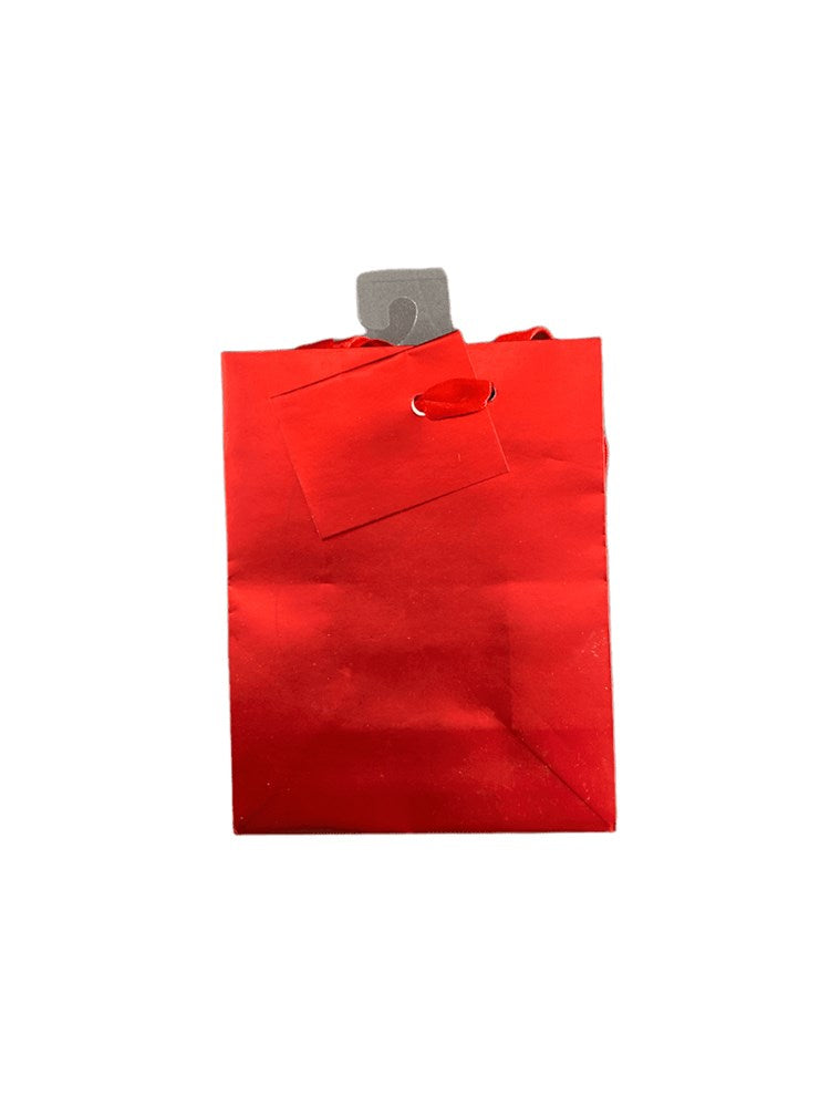 Small metallic red gift bag with matching handles and rectangular shape.