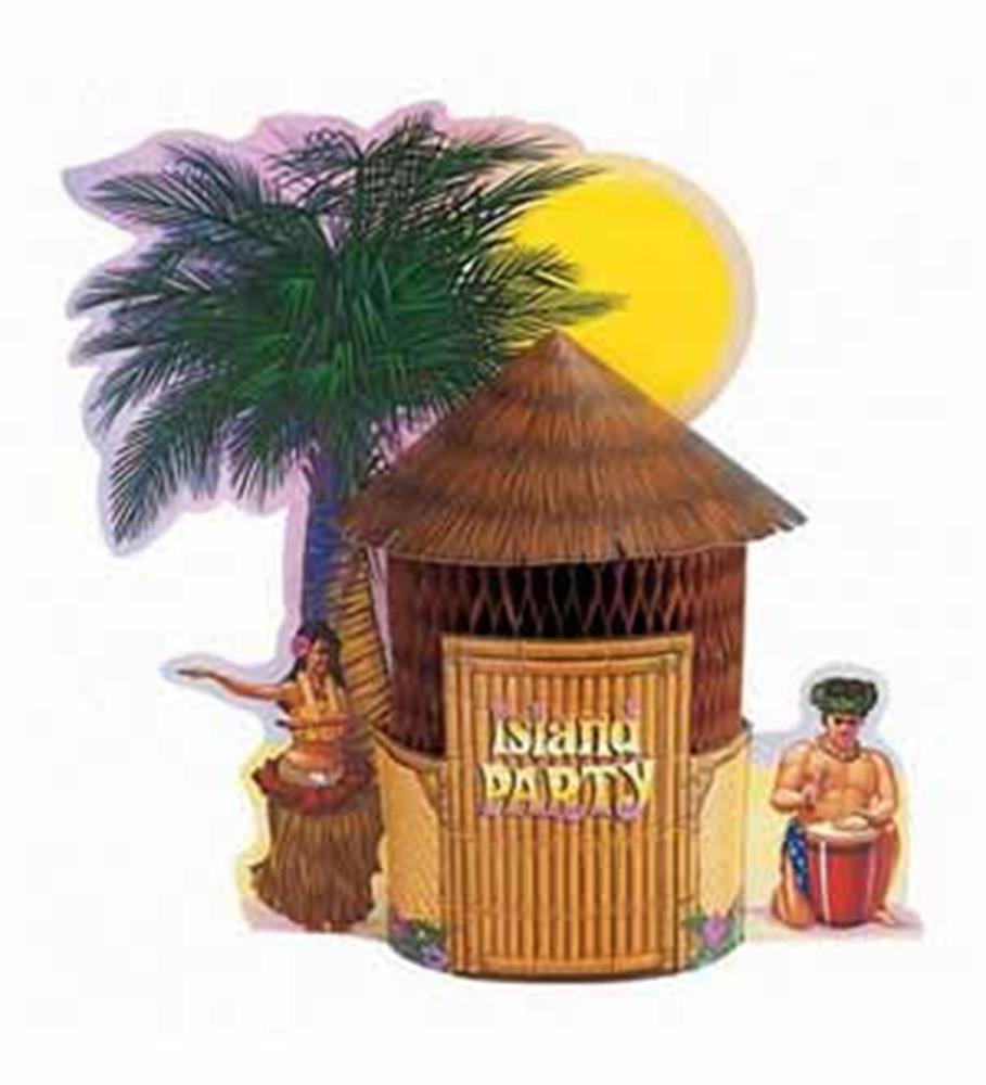 Colorful tiki hut centerpiece with honeycomb paper design, palm tree, sun, and island party signage.