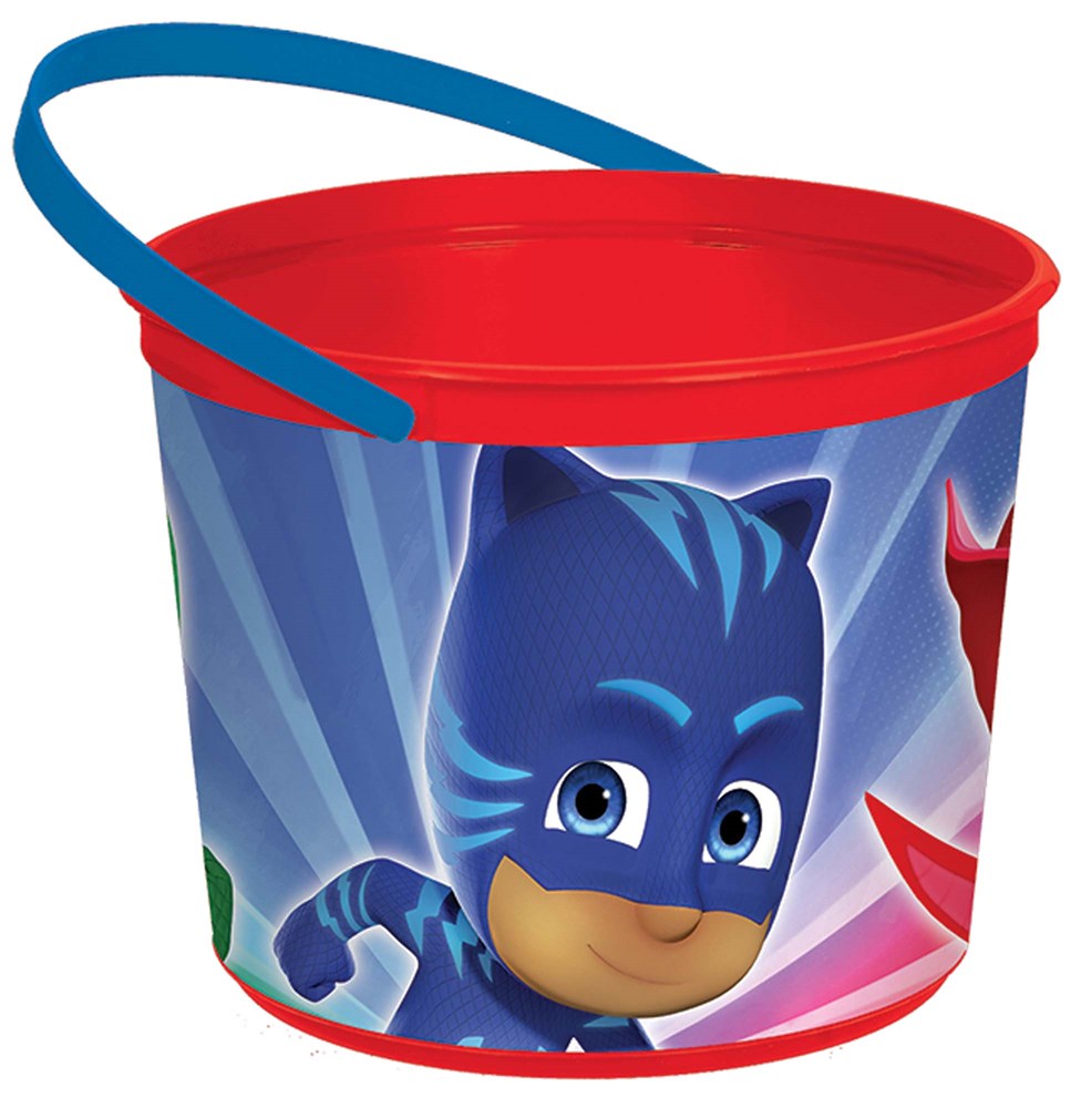 Red plastic favor container with blue handle, featuring Catboy character from PJ Masks on the side.