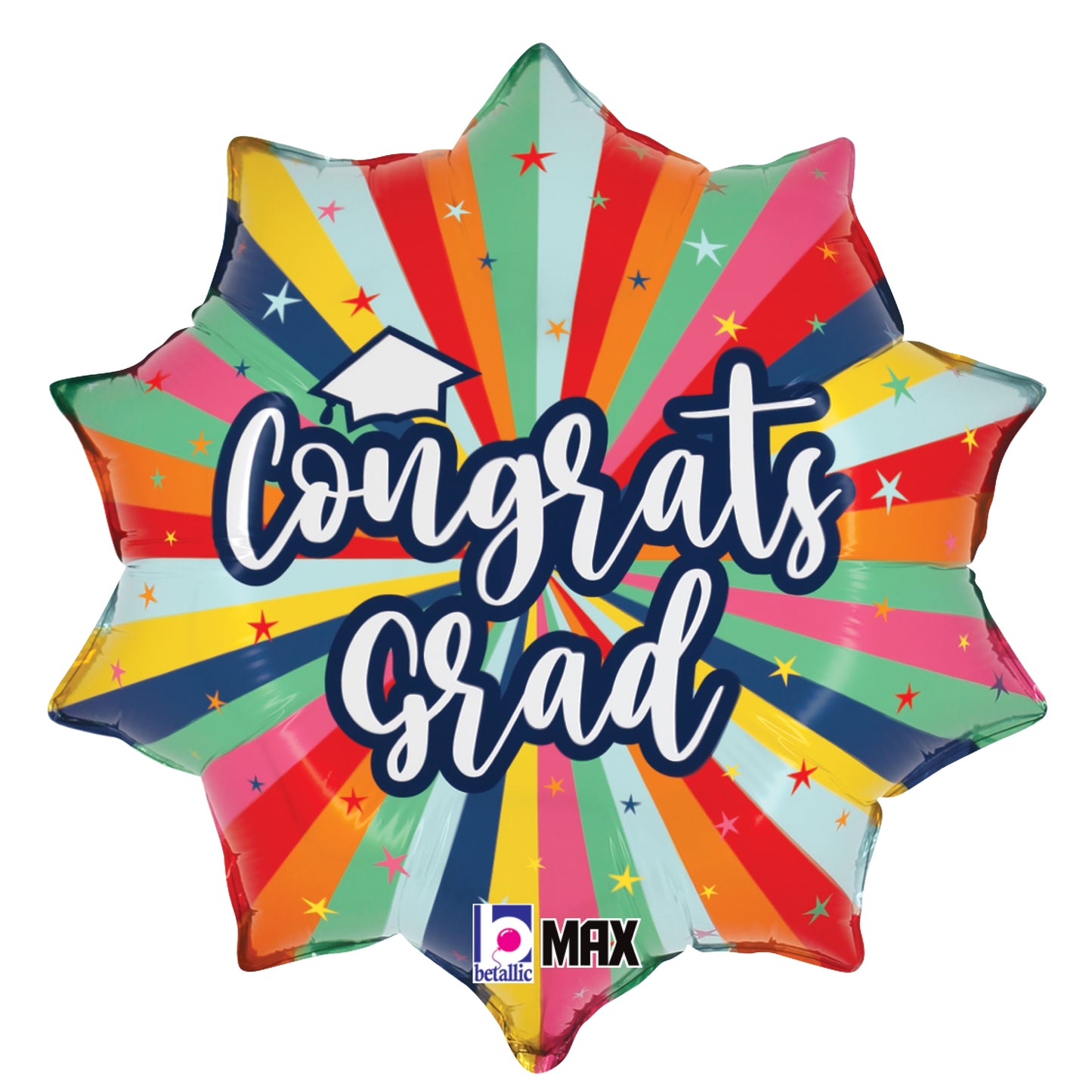 Star-shaped foil balloon with vibrant rainbow stripes and colorful stars, featuring "Congrats Grad" in bold white script.