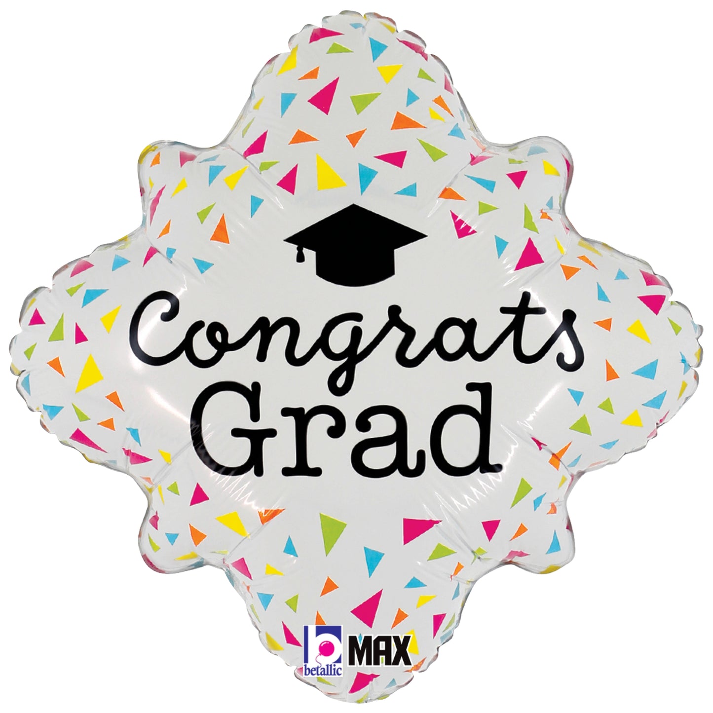 White scalloped round foil balloon with colorful confetti triangles and black graduation cap, "Congrats Grad" text in black.