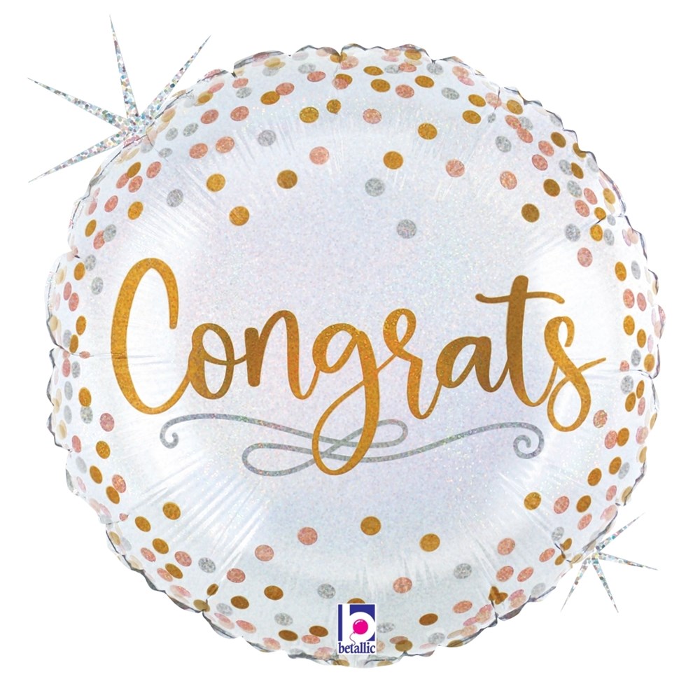 18-inch round white foil balloon with gold, silver, and rose gold confetti dots and "Congrats" in gold script.