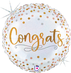 18-inch round holographic balloon with gold "Congrats" text and multicolored confetti dots.