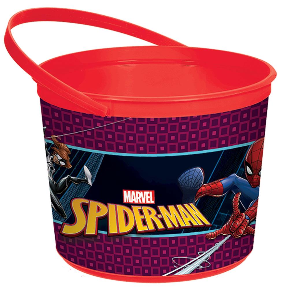 Red plastic bucket with Spider-Man graphics and red handle, featuring Marvel Spider-Man logo.