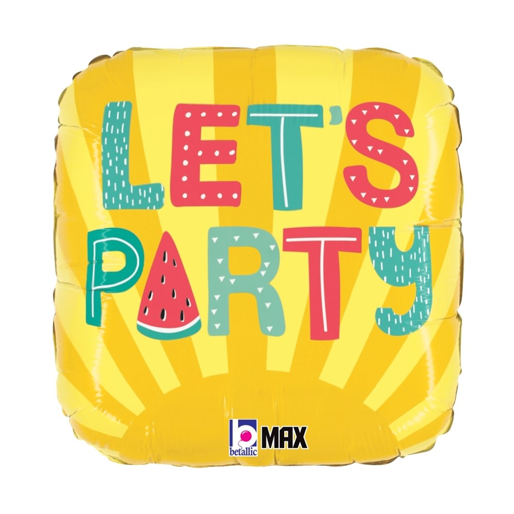 Yellow rounded square foil balloon with colorful "LET'S PARTY" text and watermelon slice design.