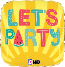 Yellow square foil balloon with colorful "LET'S PARTY" text and watermelon slice graphic.
