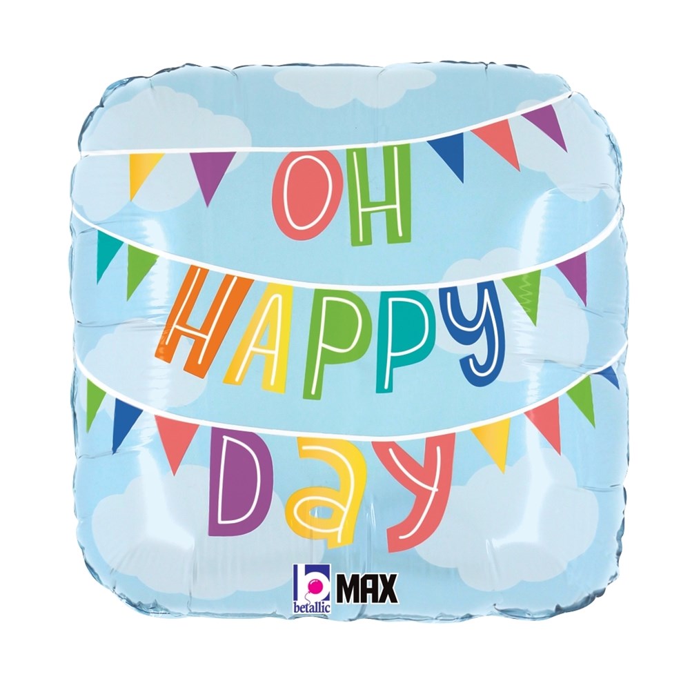 Light blue rounded square foil balloon with white clouds and colorful "Oh Happy Day" text and festive pennant banners.