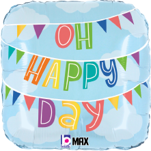 Square foil balloon with light blue sky background, colorful bunting flags, and "OH HAPPY DAY" in bold multicolor letters.