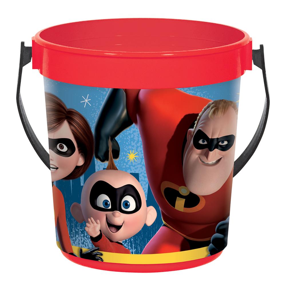 Red plastic favor container decorated with Incredibles 2 characters and a black handle.