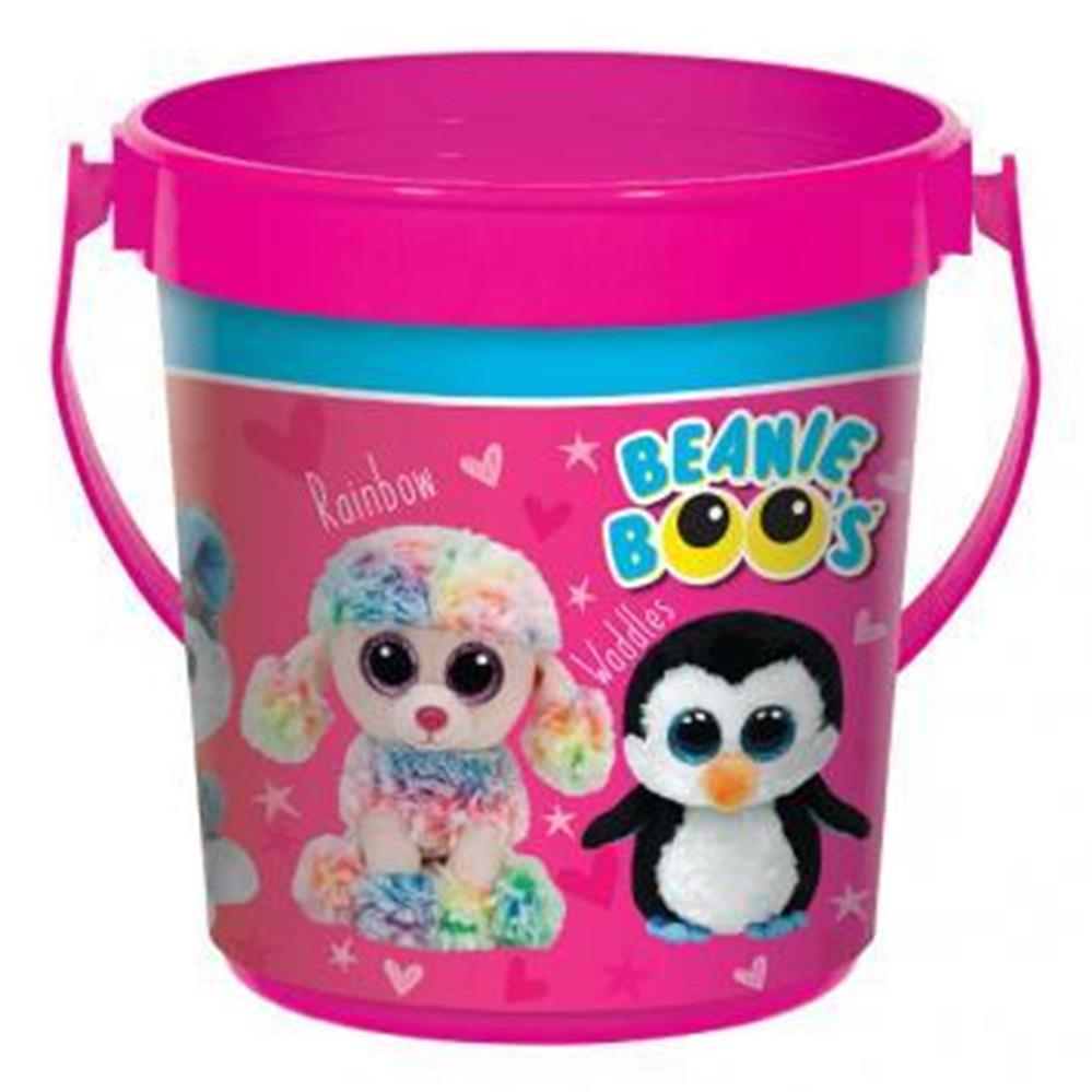 Pink plastic favor container with rainbow puppy and penguin Beanie Boos illustrations and a pink handle.