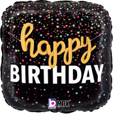 Black square foil balloon with multicolored confetti dots and the words "happy BIRTHDAY" in yellow script and white block.