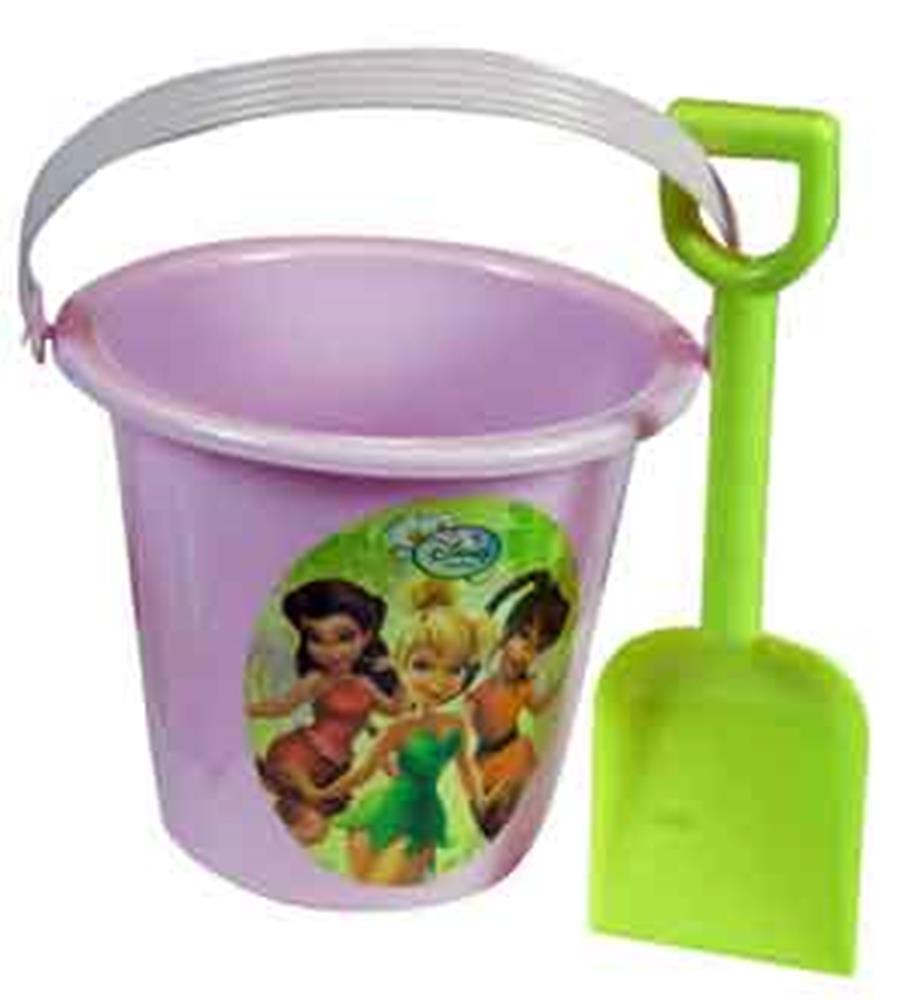 Light purple plastic sand bucket with white handle and fairy character decal, paired with bright green shovel.
