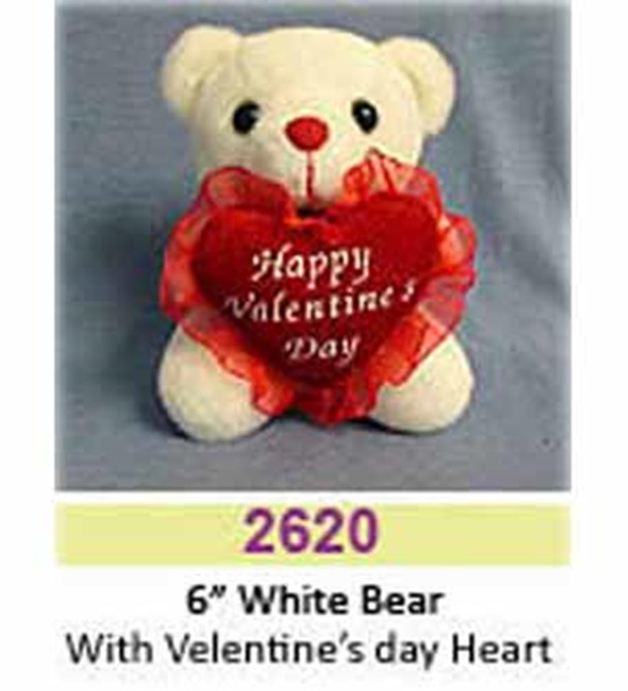 6-inch white plush teddy bear holding a red heart pillow with "Happy Valentine Day" text in white cursive.