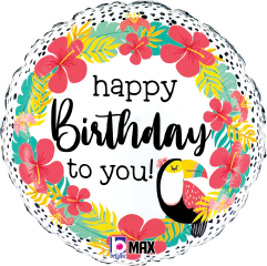 Round foil balloon with tropical flowers and leaves border, featuring a colorful toucan and "Happy Birthday to you!" text in