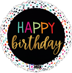 Round foil balloon with black center, colorful "Happy Birthday" text, and multicolored confetti dots on white border.