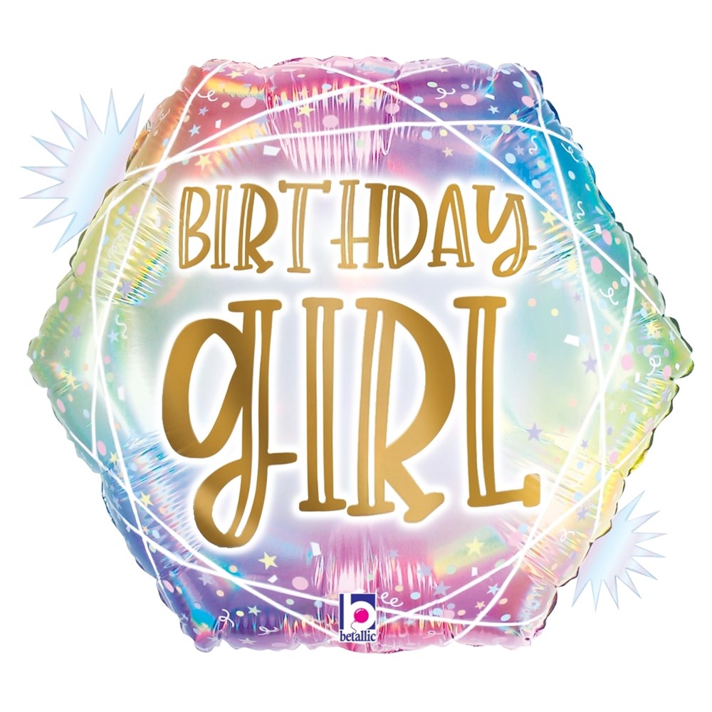 18-inch hexagon holographic balloon with pastel opal colors and gold "Birthday Girl" lettering.