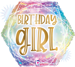 18-inch opal holographic hexagon balloon with pastel colors and gold "Birthday Girl" text.