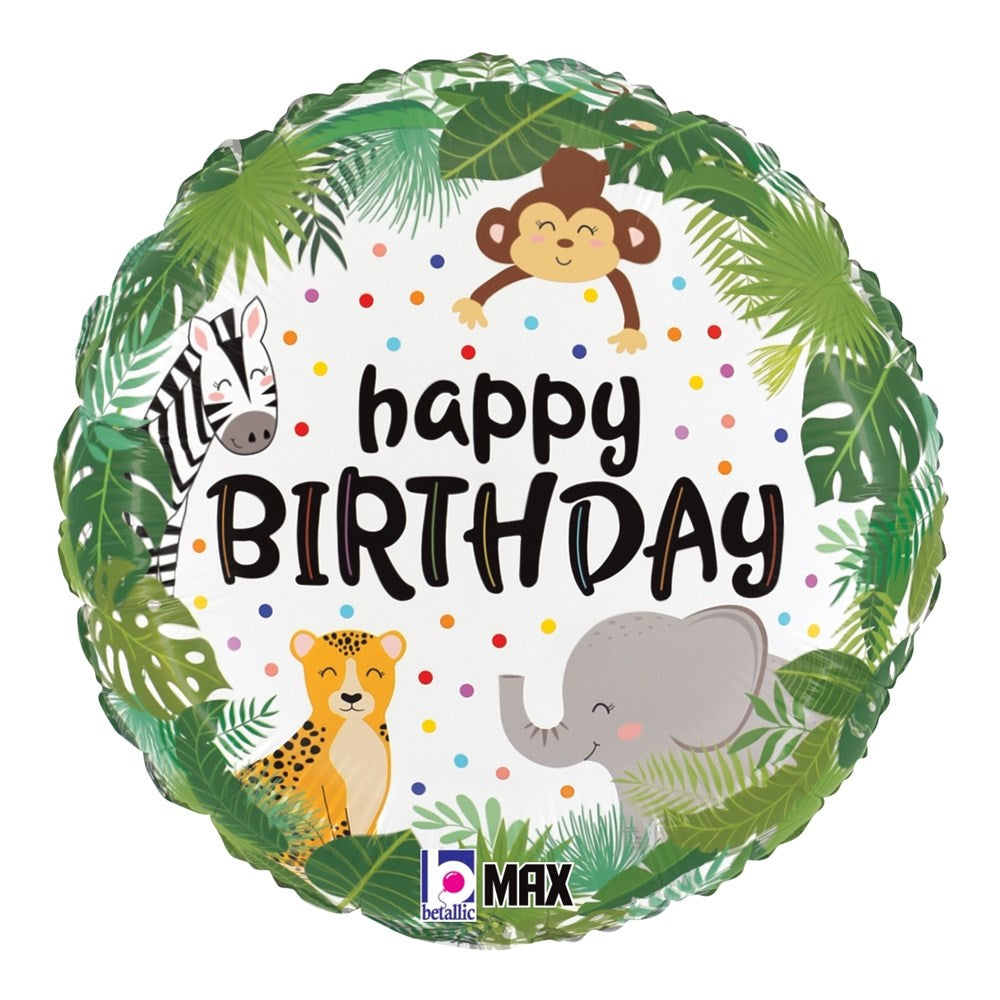 Round foil balloon with jungle animals—monkey, zebra, cheetah, and elephant—surrounded by green leaves and colorful.