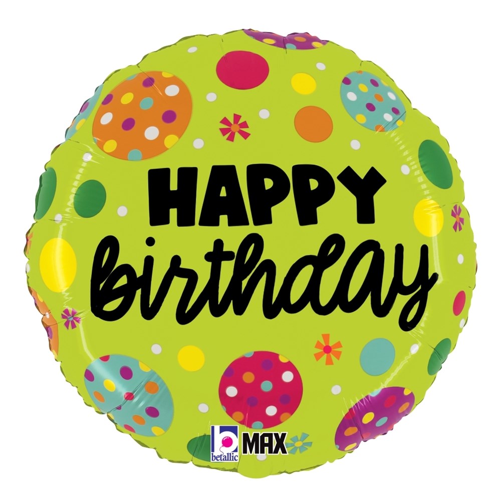 Round lime green foil balloon with colorful polka dots and "Happy Birthday" in bold black letters.