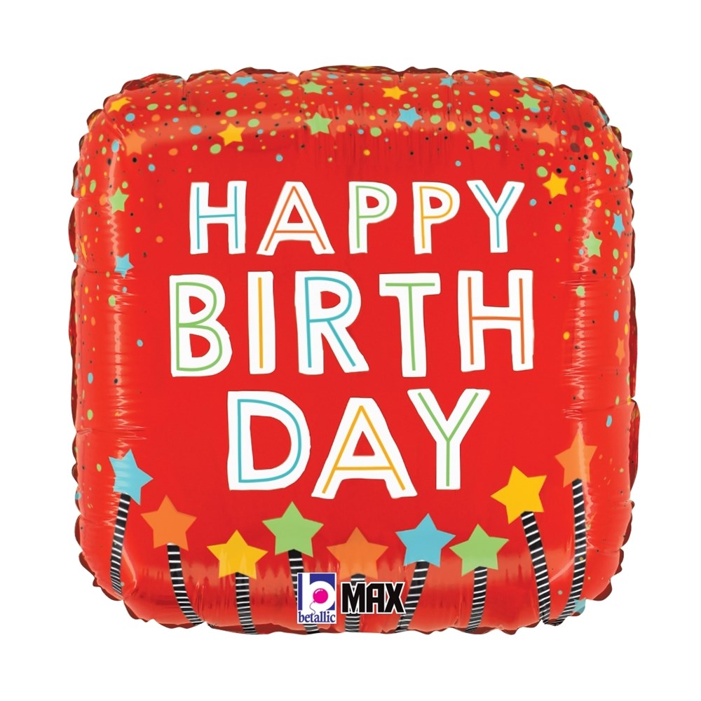 Red square foil balloon with "Happy Birthday" in white letters, decorated with colorful stars and confetti designs.