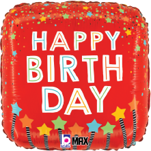 Red square foil balloon with white "Happy Birthday" text, multicolored confetti dots, and star accents.
