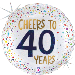 18-inch round white foil balloon with multicolored confetti and gold and navy "Cheers to 40 Years" text.