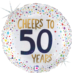 18-inch round white foil balloon with colorful confetti and gold and black "Cheers to 50 Years" text.