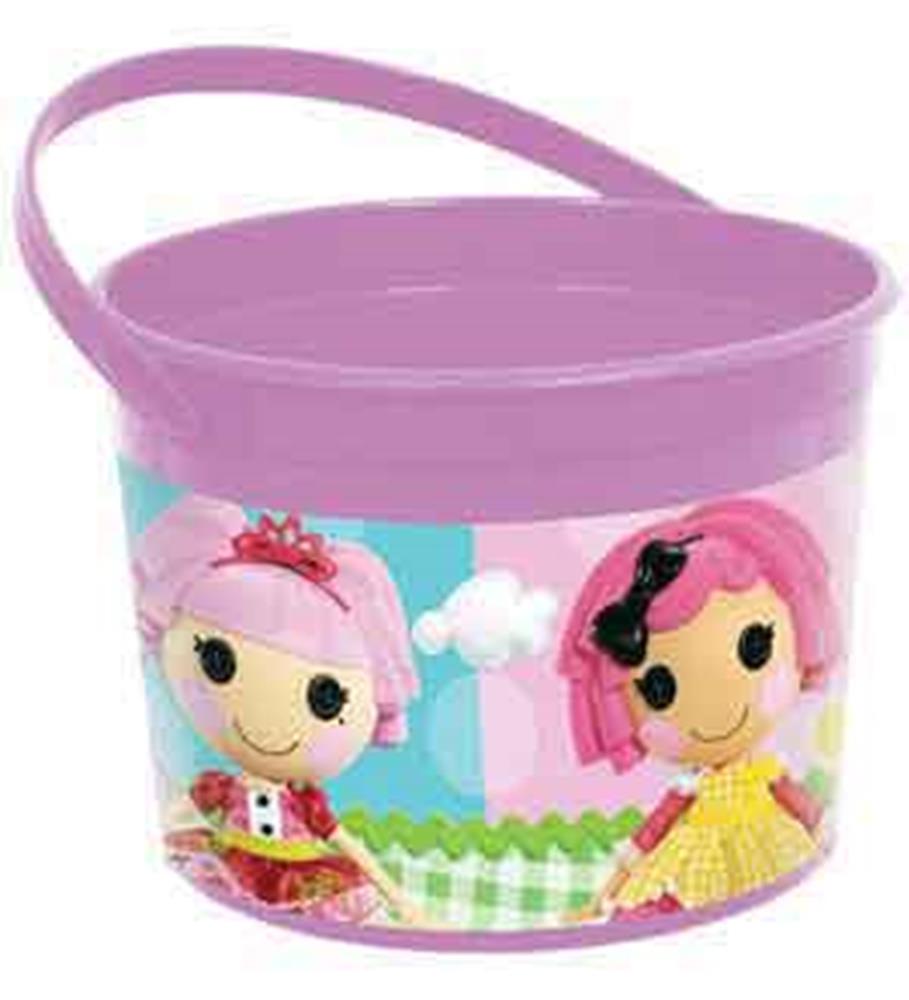 Round plastic favor container with purple lid and handle, decorated with colorful Lalaloopsy doll illustrations.