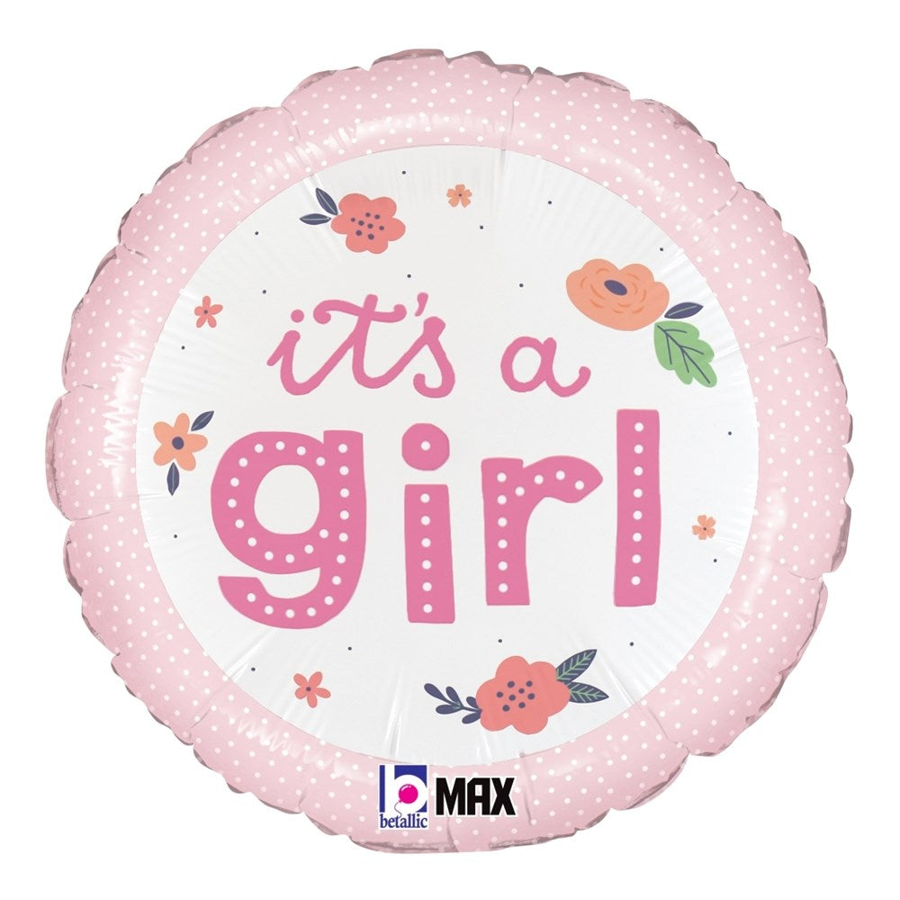 Round pink foil balloon with white center, decorated with flowers and "it's a girl" text in playful pink font.